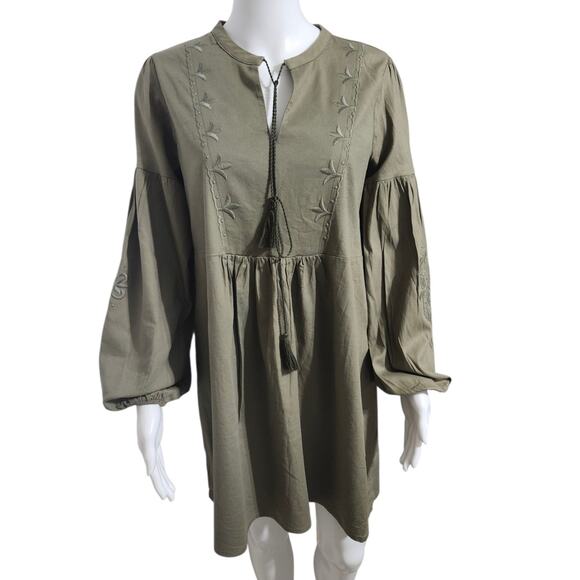 TRENDYOL Dress Sage Green Plain Relaxed Cut V Neck Mini Woven Embroidered - Picture 1 of 7